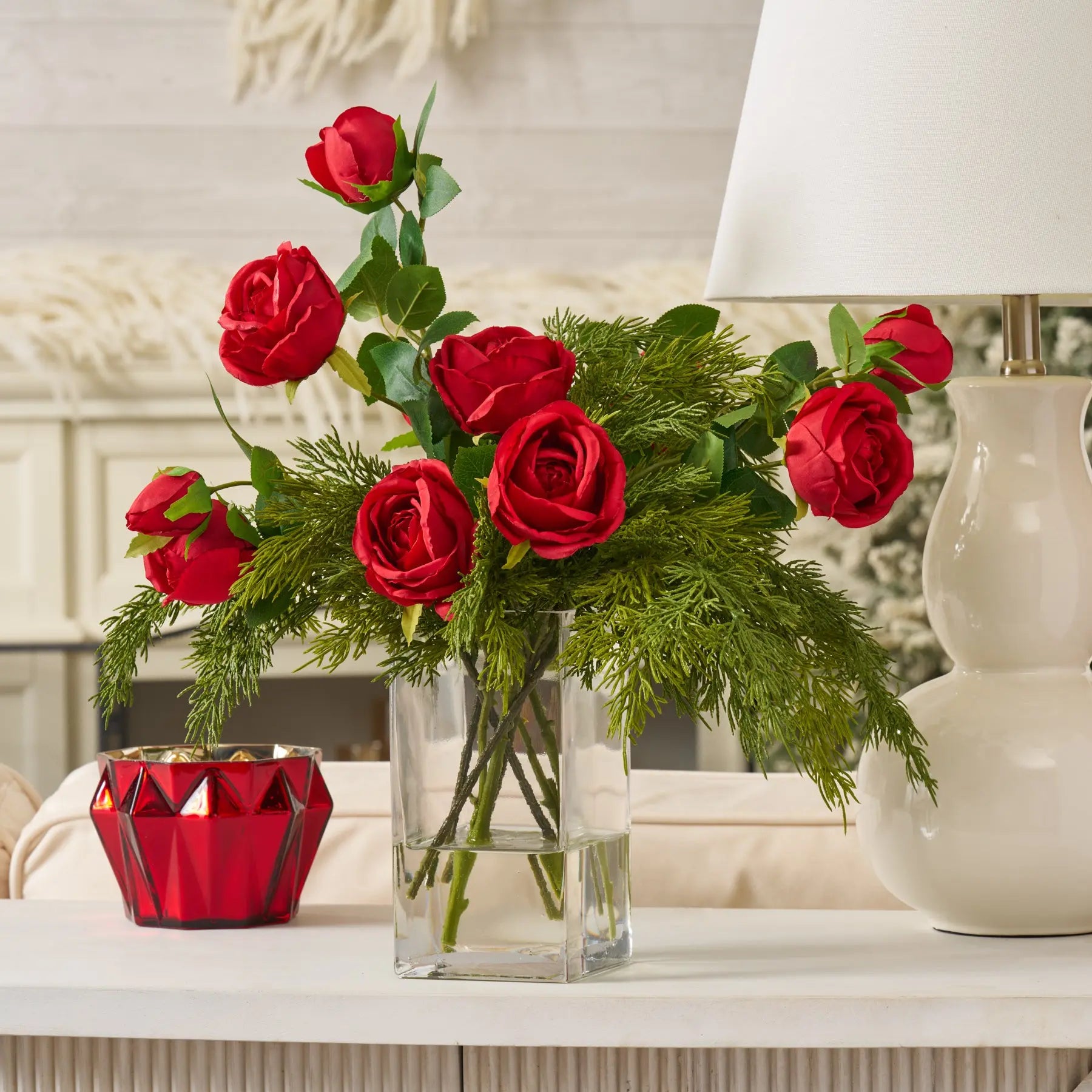 FAR1588LifestyleChristmasRose-RedRoseBlooms_BudswithLifelikeCedarGreeneryHolidayCenterpieceWater.jpg Christmas Rose - Red Rose Blooms and Buds Water Illusion Arrangement - Red and