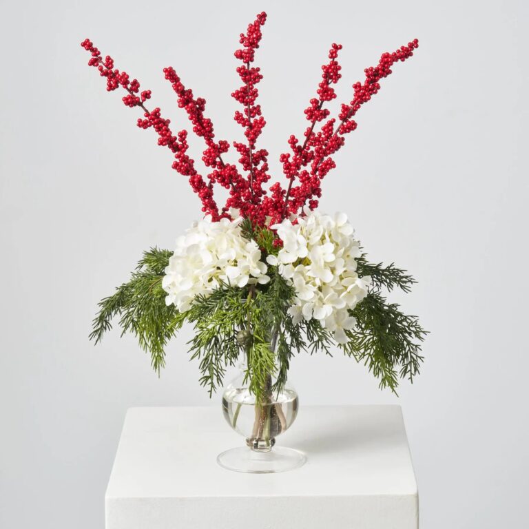Holiday Tidings - White Hydrangea, Red Ilex Berry Water Illusion Arrangement - White and