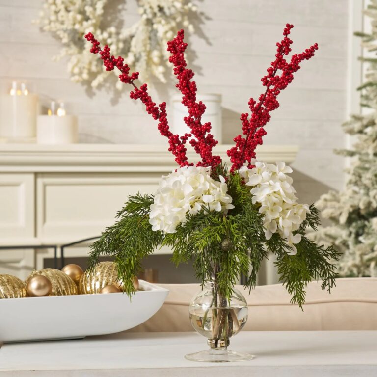Close-up of vase silhouette detail on this Holiday Tidings - White Hydrangea, Water Illusion Arrangement
