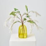 Fuzzy White Mimosa Branch in Green Colored Glass Vase Water Illusion Arrangement - White
