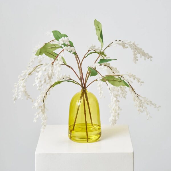 Fuzzy White Mimosa Branch in Green Colored Glass Vase Water Illusion Arrangement - White