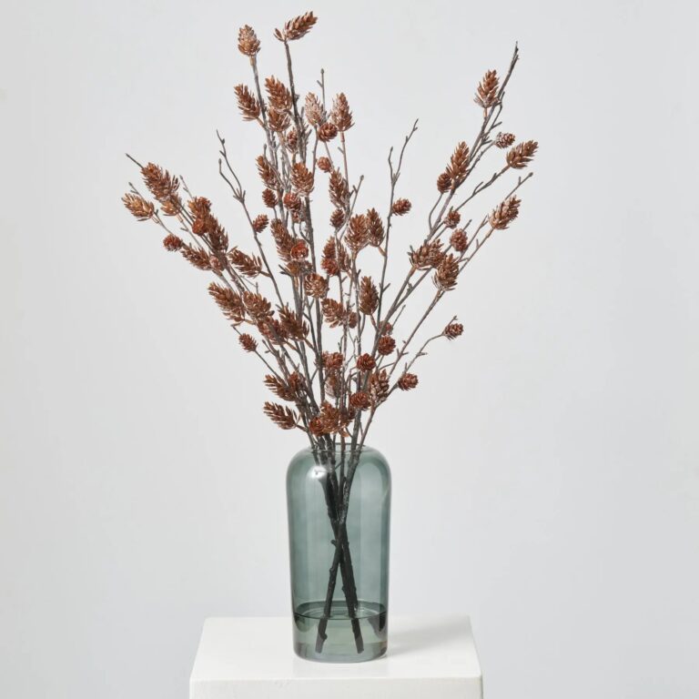 Lifelike Snow Dusted Pinecone Branch in Smoke Glass Vase illusion Centerpiece Arrangement - Brown