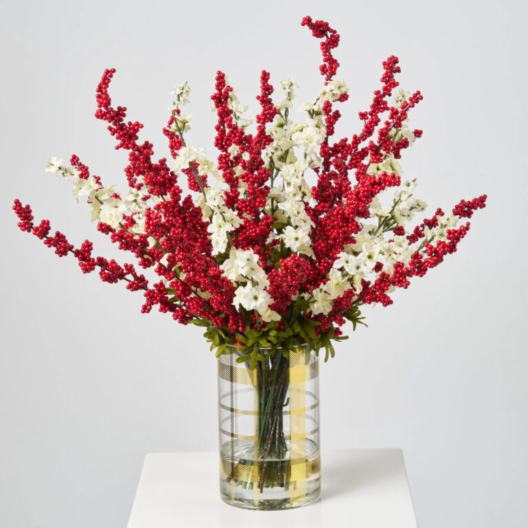 Cream Larkspur Flower and Red Ilex Berry in Gold Water Illusion Arrangement - Cream and