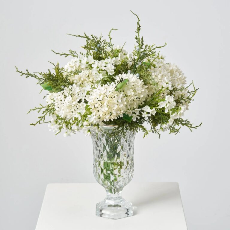 Lifelike White Snowball Blooms and Winter Juniper Berry Greenery Water Illusion Arrangement
