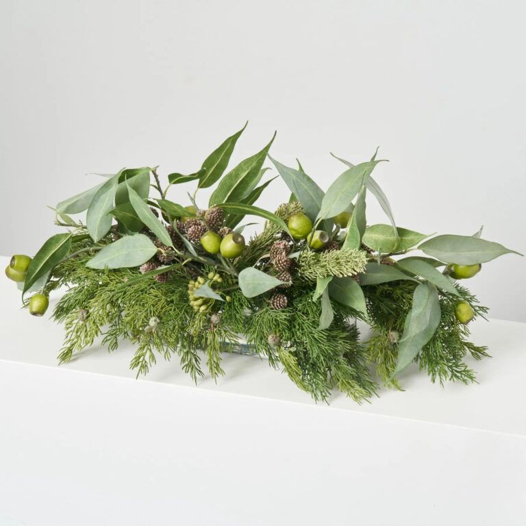 Lifelike Cedar, Seed Pod Eucalyptus and Mini Pine Cone Water Illusion Arrangement - Green