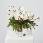 Lifelike Cedar, Magnolia Leaf Bloom Branch in Square Crystal Water Illusion Arrangement - White and