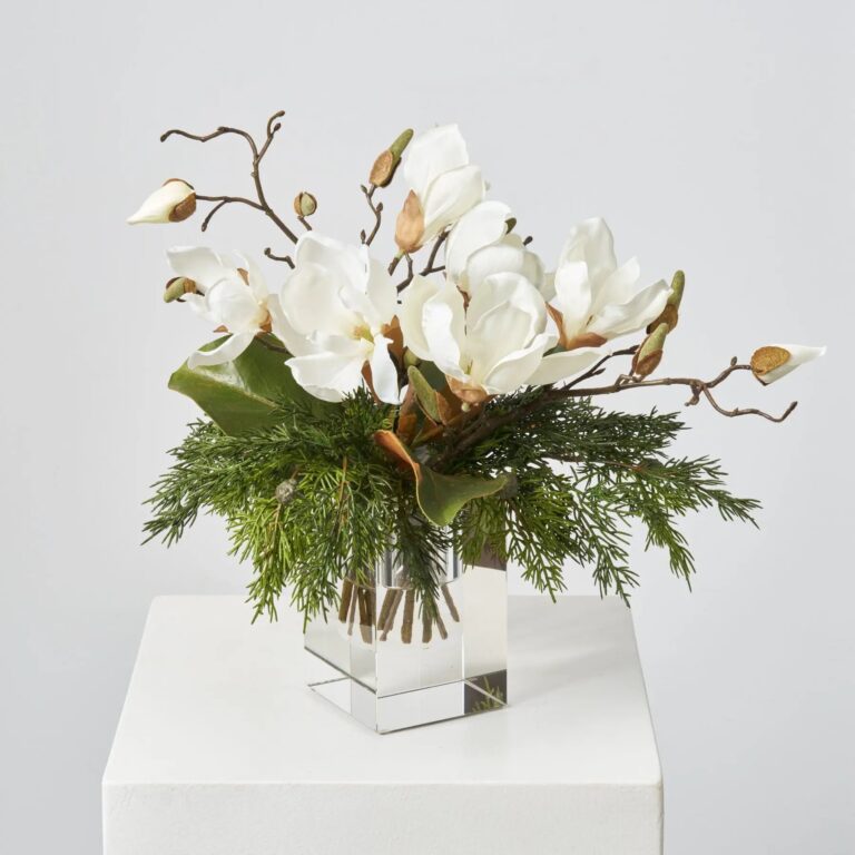 Lifelike Cedar, Magnolia Leaf Bloom Branch in Square Crystal Water Illusion Arrangement - White and