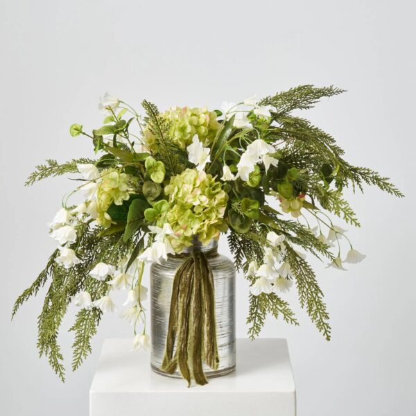 Winter Tidings - Green Hydrangea, White Bellflower and Real Water Illusion Arrangement