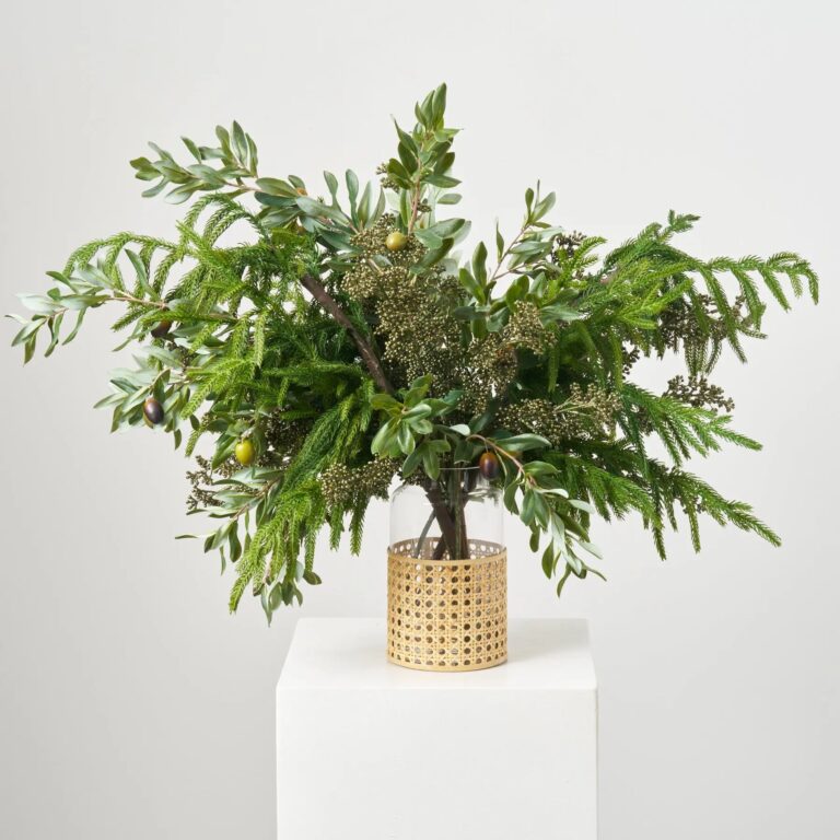 Real Touch Norfolk Pine, Olive Branch and Gold Shimmer Water Illusion Arrangement