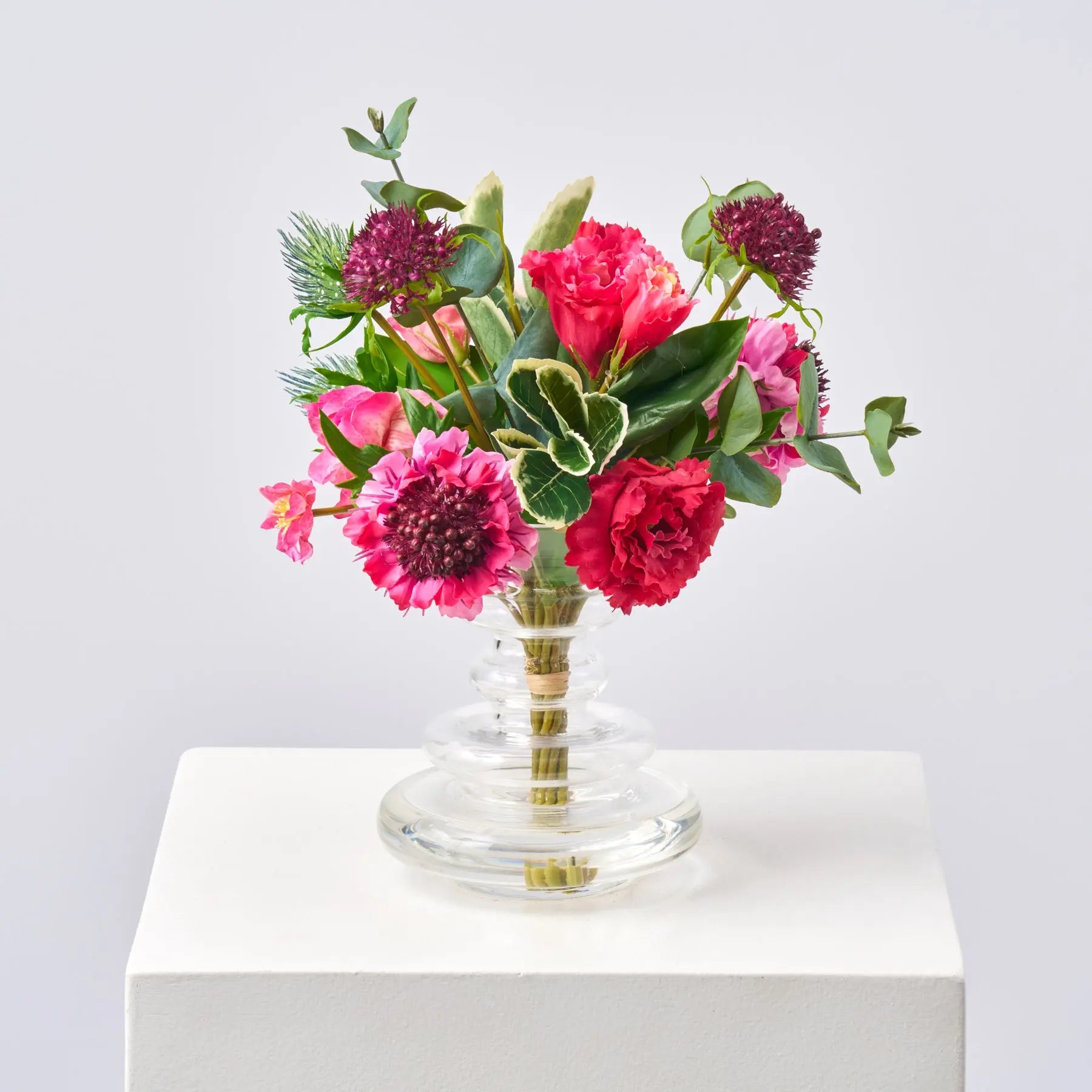 FAR1609RealTouchPinkScabiosa_LisianthusinModernStyleTieredVaseSpringSummerWaterIllusionArrangem_1.jpg Real Touch Pink Scabiosa and Lisianthus in Modern Style Water Illusion Arrangement