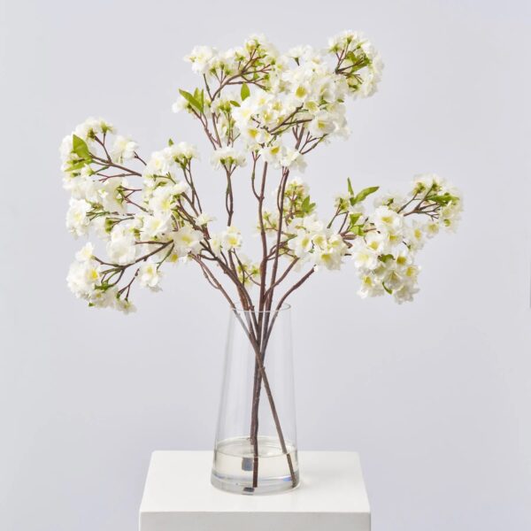 Lifelike White Cherry Blossom Branches in Tapered Cylinder Vase Spring Summer Water Illusion Arrangement Centerpiece