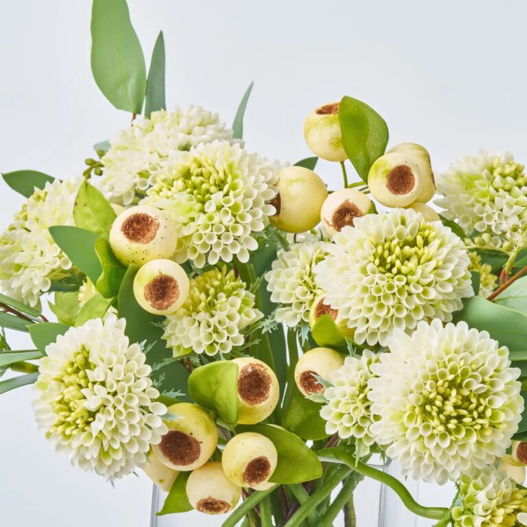 Close-up of vase silhouette detail on this Cream Green Pompon Dahlia, Crater Water Illusion Arrangement