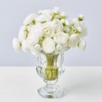 Realistic Mini White Ranunculus Blooms in Small Beveled Glass Urn Vase Everyday Water Illusion Arrangement