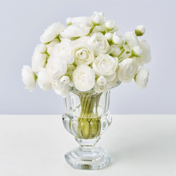 Lifelike Mini White Ranunculus Blooms in Small Beveled Glass Urn Vase Everyday Water Illusion Arrangement