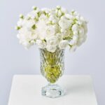 Realistic Mini White Ranunculus Blooms in Beveled Glass Pedestal Vase Everyday Water Illusion Floral Arrangement