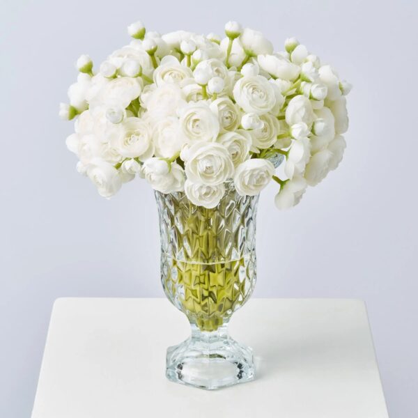 Realistic Mini White Ranunculus Blooms in Beveled Glass Pedestal Vase Everyday Water Illusion Floral Arrangement