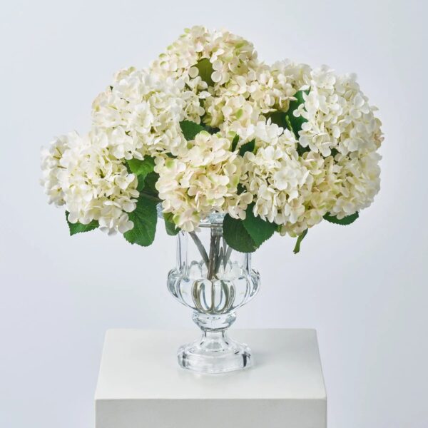 Lifelike White and Soft Green Hydrangea Blooms Water Illusion Large Urn Vase