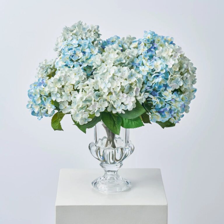 Lifelike Mixed Light and Bright Blue Hydrangea Blooms Water Large Urn Vase