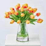 Lifelike Real Touch Two Tone Orange Mini Tulip Blooms Water Illusion Arrangement