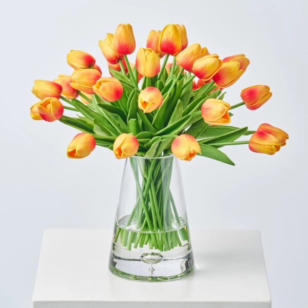 Lifelike Real Touch Two Tone Orange Mini Tulip Blooms Water Illusion Arrangement