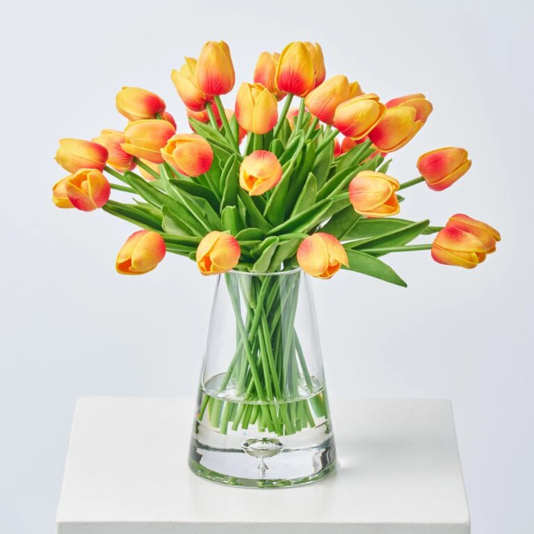 Lifelike Real Touch Two Tone Orange Mini Tulip Blooms Water Illusion Arrangement