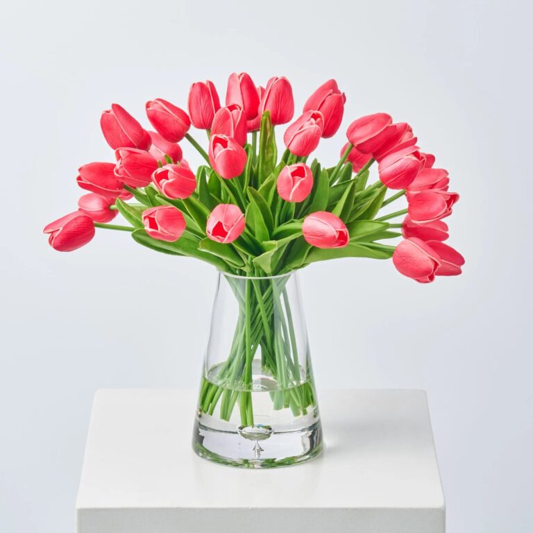 Lifelike Real Touch Dark Pink Mini Tulip Blooms Water Illusion Arrangement