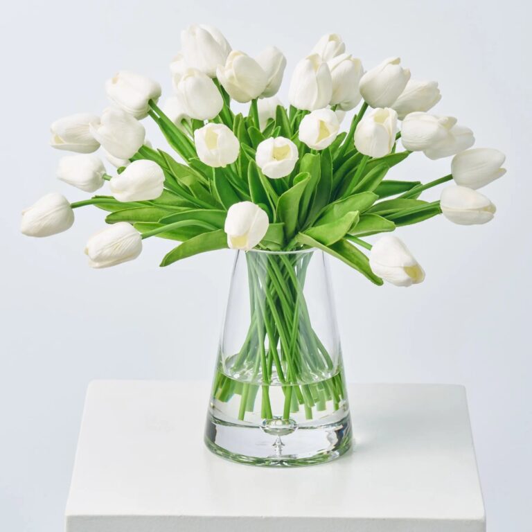 Lifelike Real Touch White Mini Tulip Blooms in Pyramid Water Illusion Arrangement