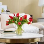 Real Touch Lifelike Red Tulip Blooms in Footed Urn Water Illusion Arrangement