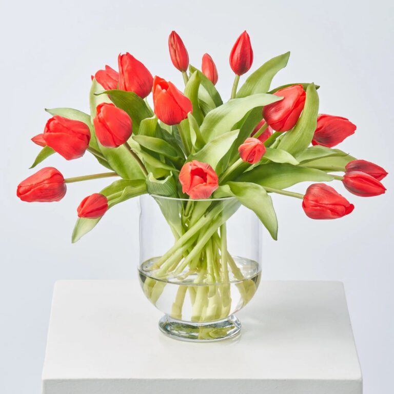 Close-up of vase silhouette detail on this Real Touch Lifelike Red Tulip Water Illusion Arrangement