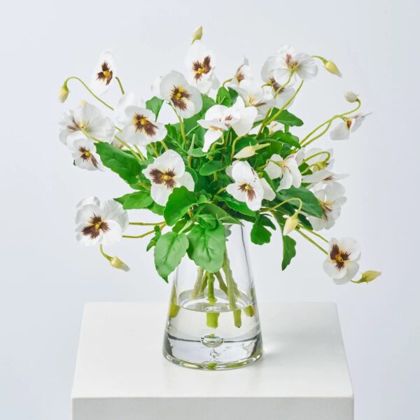 Lifelike White Pansy Blooms in Pyramid Vase Spring Faux Floral Water Illusion Arrangement