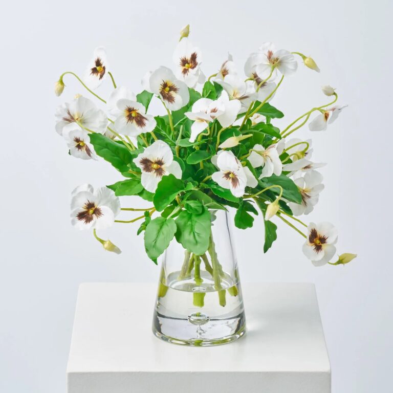 Lifelike White Pansy Blooms in Pyramid Vase Spring Faux Floral Water Illusion Arrangement