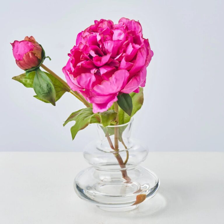 Lifelike Fuchsia Peony Bloom and Bud in Small Layered Water Illusion Arrangement