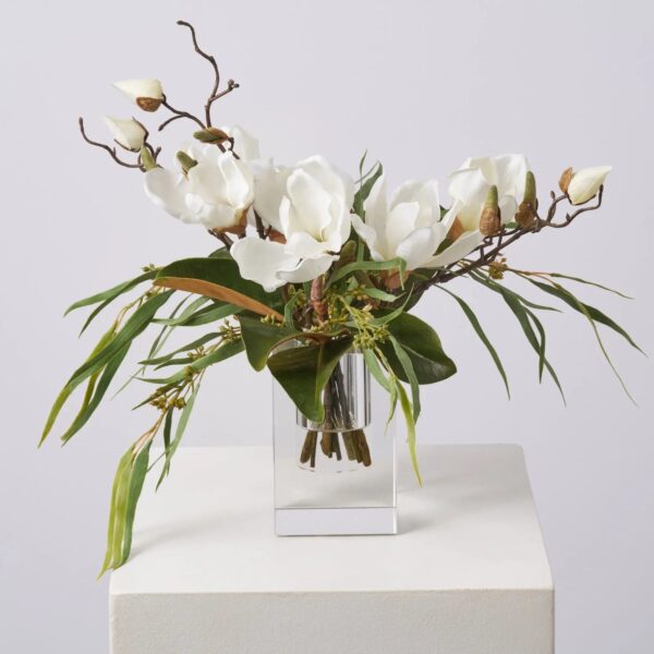 Lifelike Magnolia Bloom and Leaf with Seeded Needle Leaf Water Illusion Arrangement - White