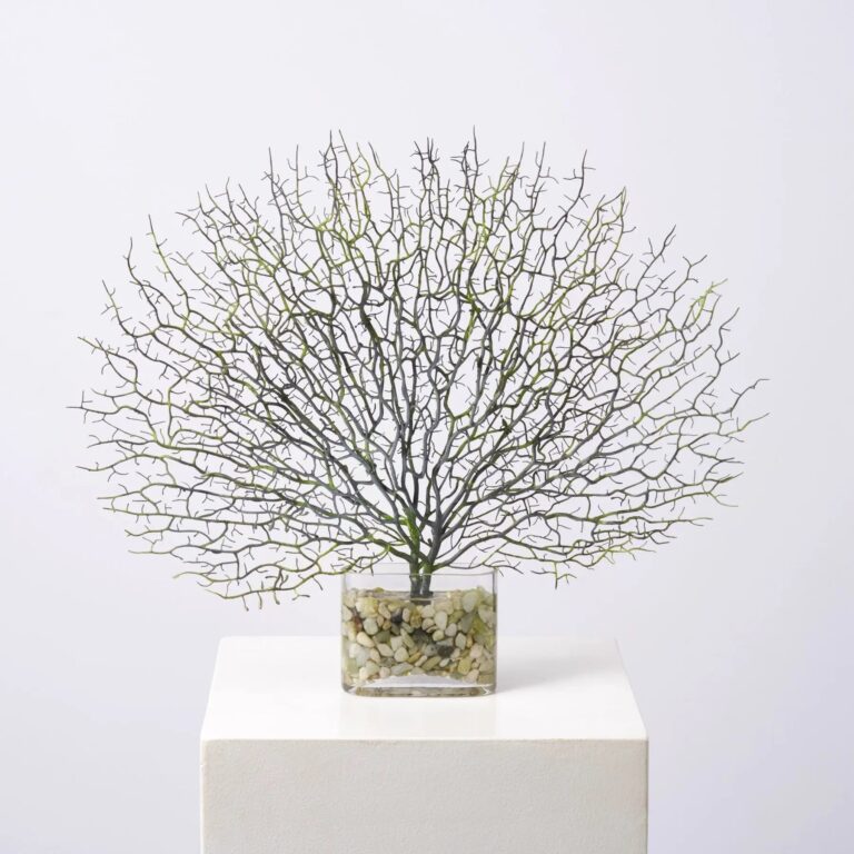Faux Green Blue Fan Coral in Small Oval Pocket Water Illusion Arrangement - Blue Grey