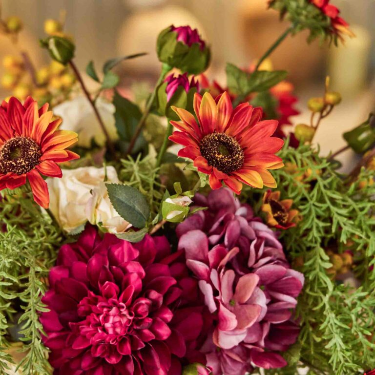 Close-up of vase silhouette detail on this Autumn Elegance - Mauve Hydrangea, Faux Floral Arrangement