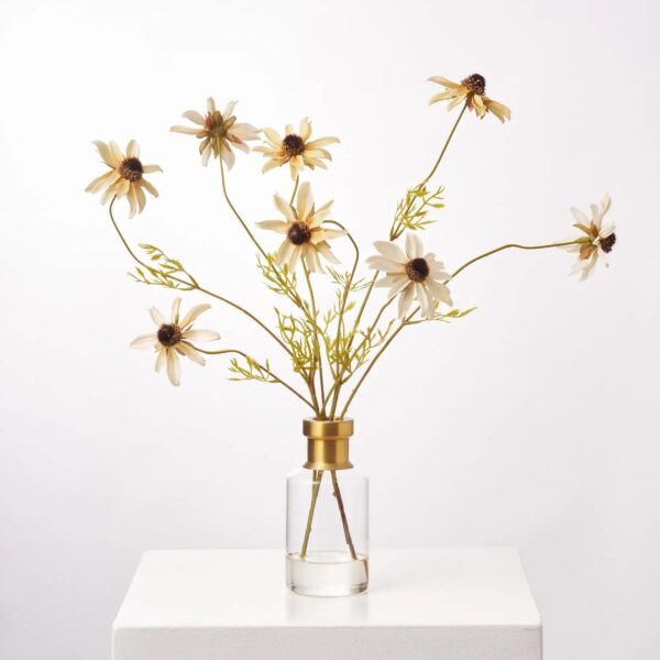 Cream Mixed Rudbeckia Wild Flowers in Gold Rim Bottle Water Illusion Arrangement - Cream