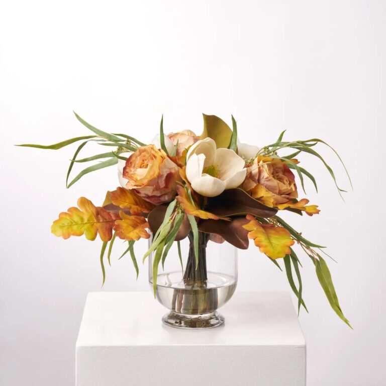 Real Touch Brown Leaf Magnolia, Sienna Fall Rose, Oak Footed Bowl Vase