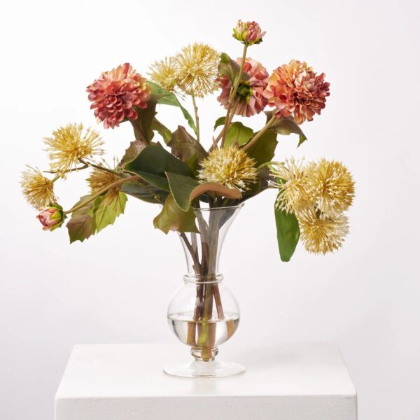 Lifelike Fall Sienna Brown Dahlia and Yellow Puff Gum Water Illusion Arrangement