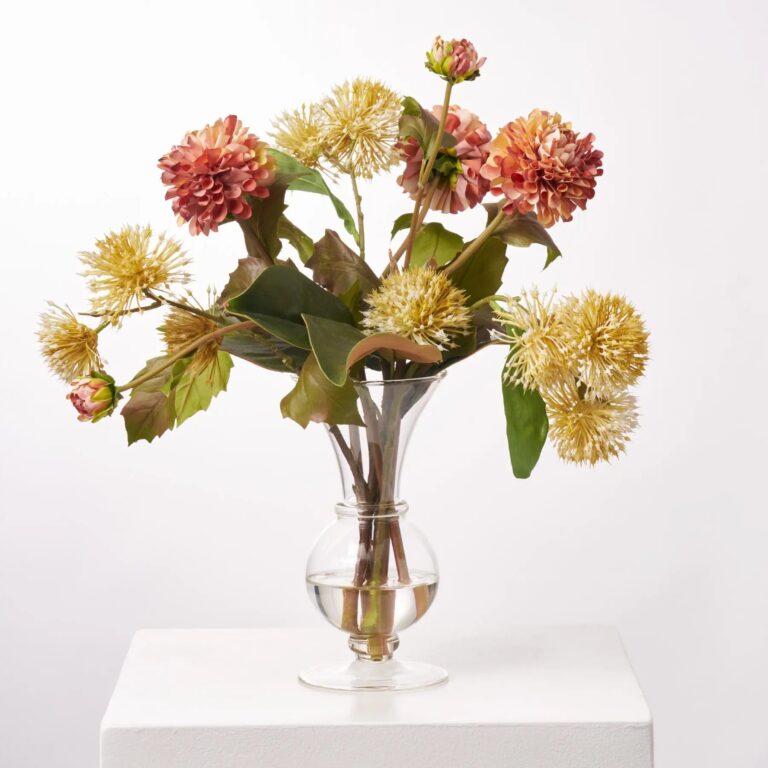 Lifelike Fall Sienna Brown Dahlia and Yellow Puff Gum Water Illusion Arrangement