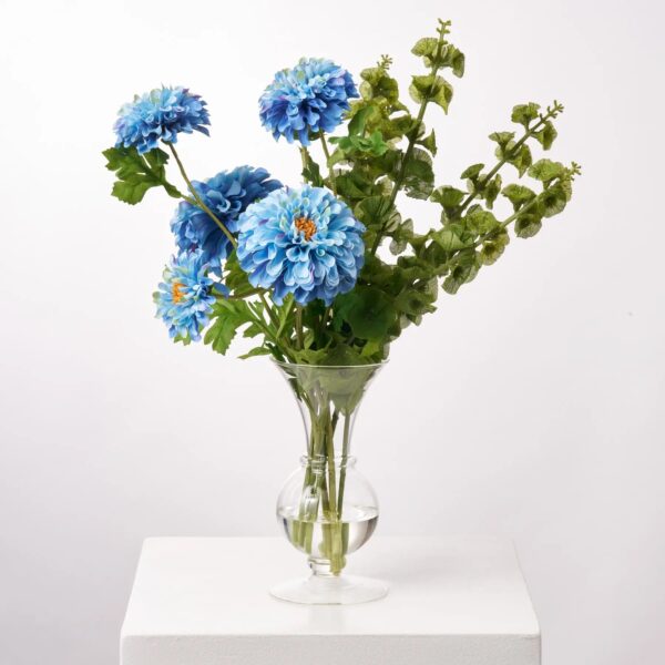 Lifelike Blue Ombre Zinnia Blooms and Green Bells Water Illusion Arrangement - Blue and