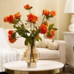 Lifelike Fall Orange Peony Blooms and Buds in Modern Water Illusion Arrangement