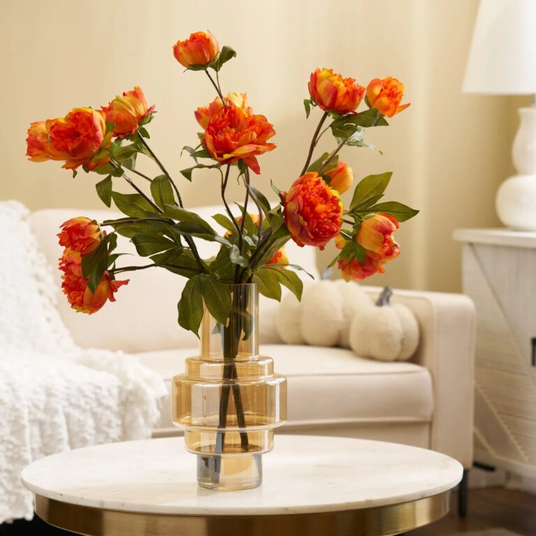 Lifelike Fall Orange Peony Blooms and Buds in Modern Water Illusion Arrangement