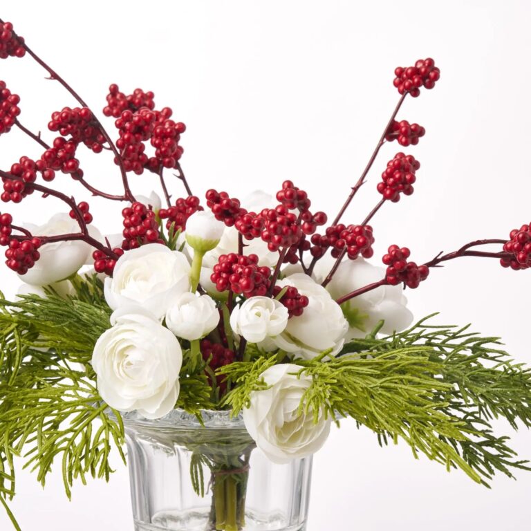 Close-up of vase silhouette detail on this Mini White Ranunculus Blooms Water Illusion Arrangement