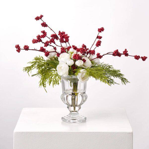 Mini White Ranunculus Blooms and Red Snowberry with Cedar Water Illusion Arrangement - White and