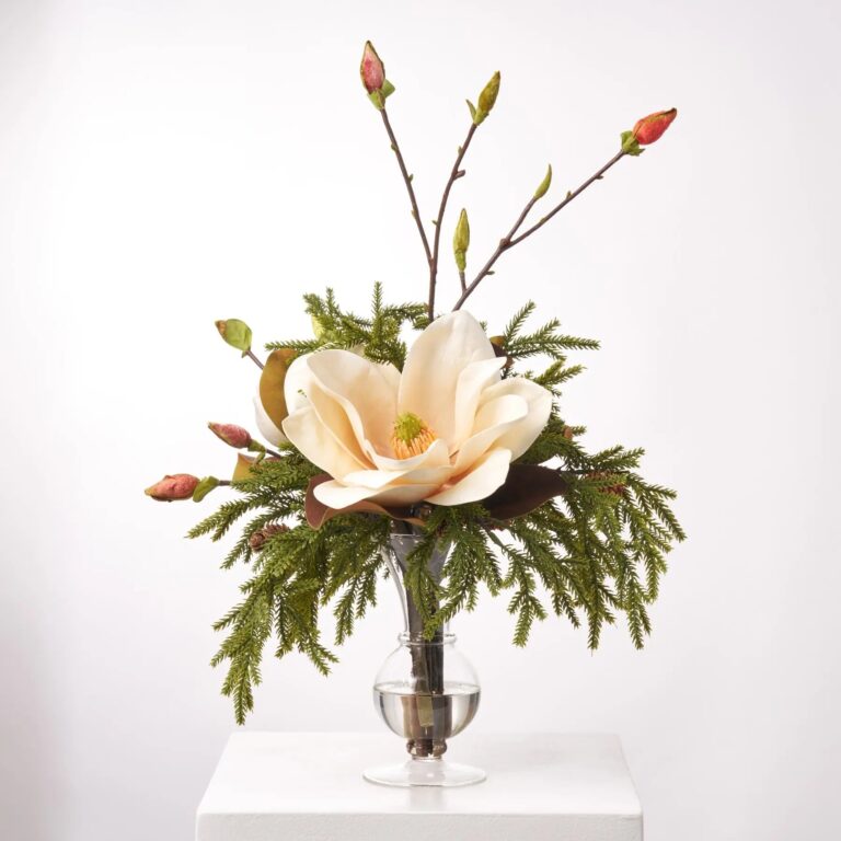 Magnolia Woodlands - Fall Brown Real Touch Magnolia Blooms Illusion Centerpiece Arrangement - Cream Brown