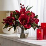 Real Touch Red Magnolia Blooms, Burgundy Rosehip Berry Illusion Centerpiece Arrangement