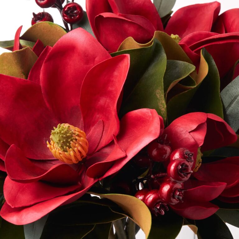 Close-up of vase silhouette detail on this Real Touch Red Magnolia Blooms, Illusion Centerpiece Arrangement