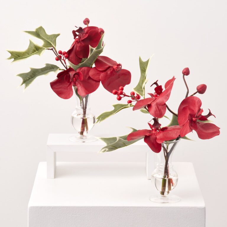 Elegant Burgundy Orchid and Holly Berry Leaf in Mini Mini Holiday Arrangement Water Illusion Set