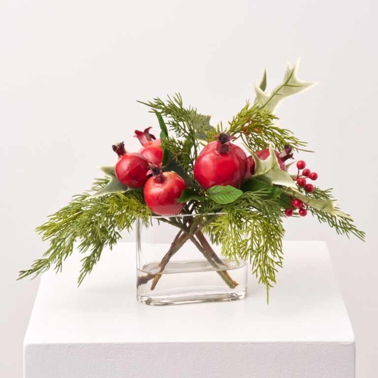 Holiday Pomegranate and Holly Berry Small Christmas Faux Arrangement Oval Pocket Vase Christmas Water Illusion