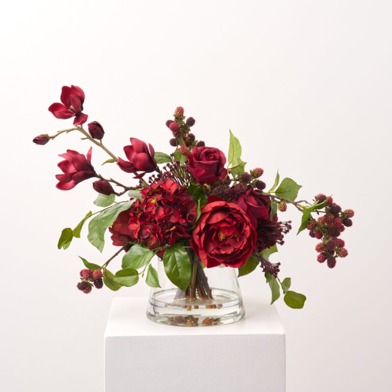 Bordeaux and Berry - Red Real Touch Peony, Rose, Branch Holiday Arrangement Centerpiece - Burgundy